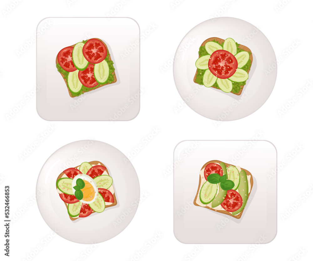 Set of sandwiches, sandwich with egg, cheese, avocado, cucumber, tomato and basil on a plate Set of sandwiches, sandwich with egg, cheese, avocado, cucumber, tomato and basil on a plate