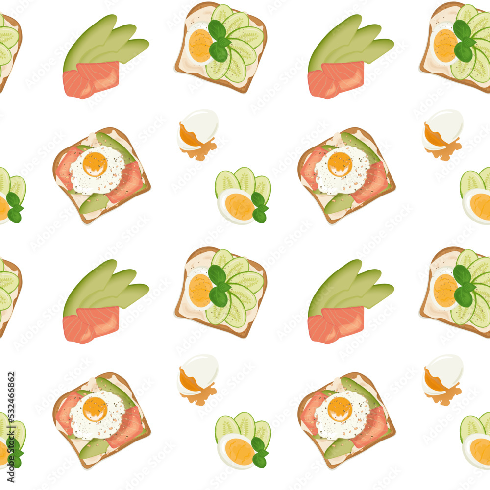 Pattern sandwich with avocado, red fish and egg. View from above Pattern sandwich with avocado, red fish and egg. View from above