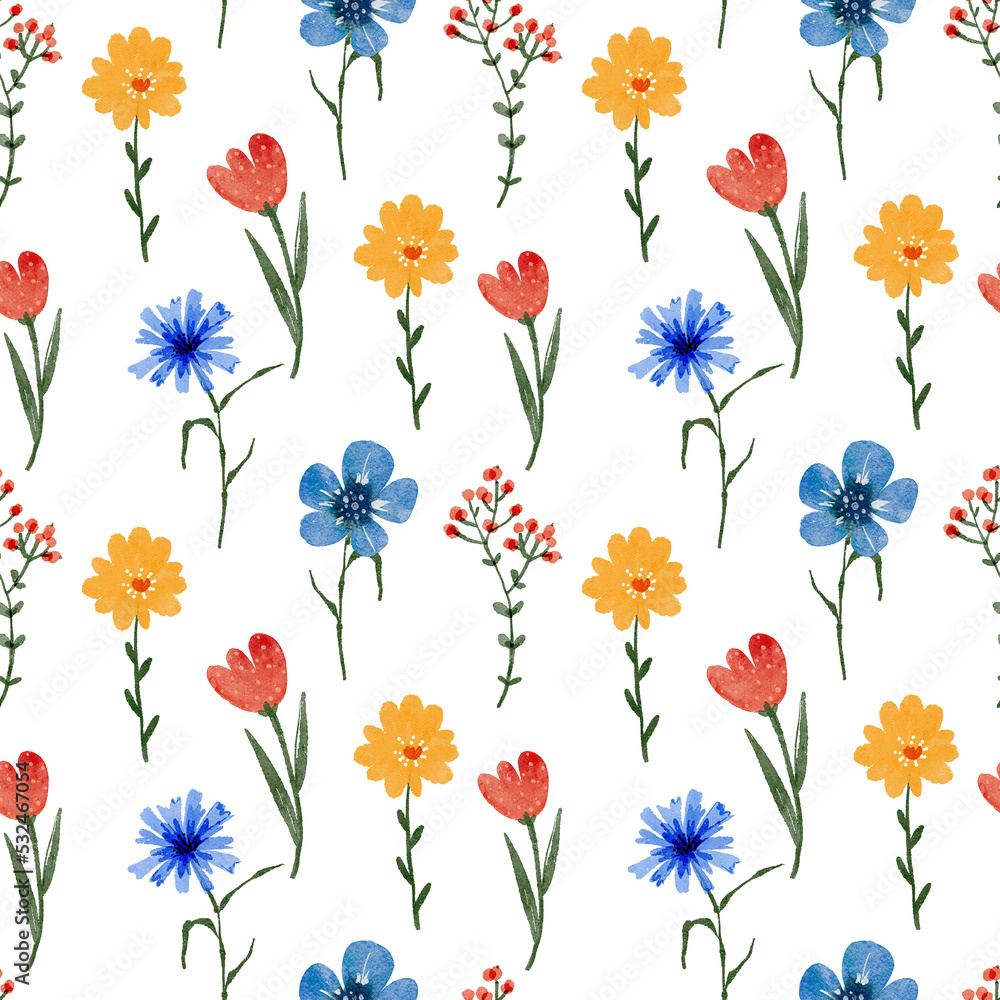 Fototapeta premium Seamless floral pattern with multi-colored flowers on a white background.