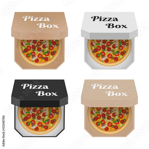 Pizza set in a box with salami, Bavarian sausages, tomatoes, olives, mushrooms, peppers and basil