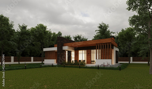 3D visualization of a modern villa with a large plot. Individual residential building. Modern architecture © House