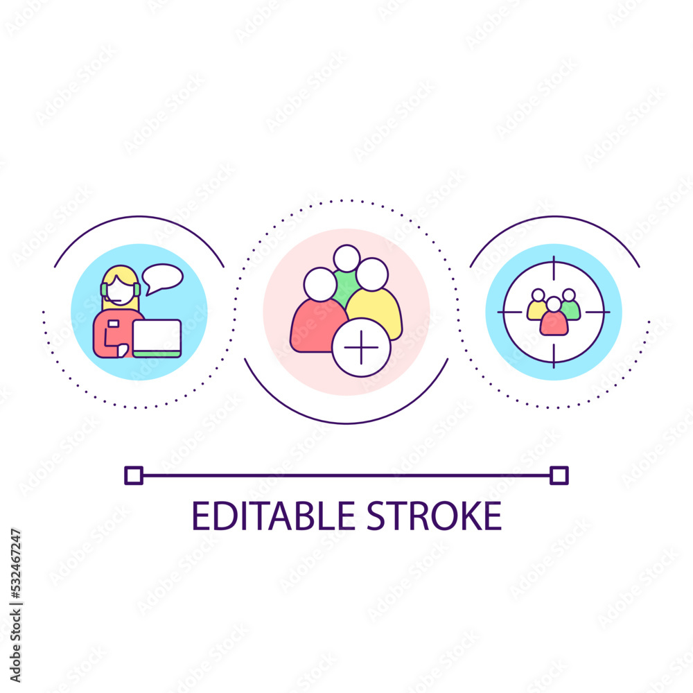 Customer engagement loop concept icon. Target audience attracting. Manager consultation abstract idea thin line illustration. Isolated outline drawing. Editable stroke. Arial font used Customer engagement loop concept icon. Target audience attracting. Manager consultation abstract idea thin line illustration. Isolated outline drawing. Editable stroke. Arial font used
