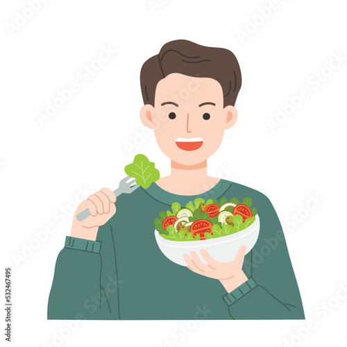 Young man eating salads. Diet food for life. Healthy foods with benefits. Healthy and vegan food concept.
