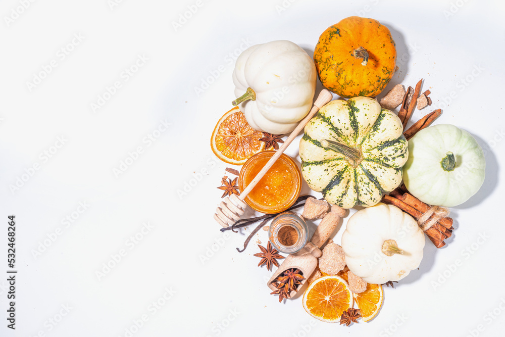 Autumn fall pumpkin spice baking and drink ingredients. Various colorful pumpkins, nuts, seasonal spices on white background. Cooking pumpkin pie, latte, cookies for autumn Thanksgiving holidays Autumn fall pumpkin spice baking and drink ingredients. Various colorful pumpkins, nuts, seasonal spices on white background. Cooking pumpkin pie, latte, cookies for autumn Thanksgiving holidays