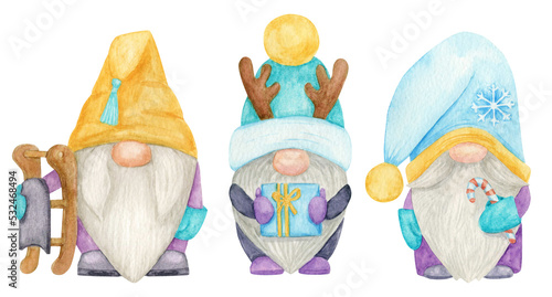 Watercolor illustration with winter gnomes. Three characters with Christmas holiday symbols are isolated.