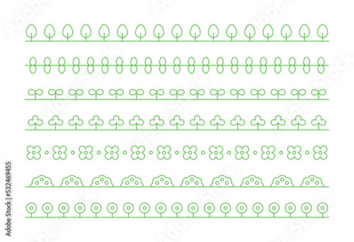 A set of simple line icons repeating pattern border illustrations. Icon of flower, tree, sprout and nature concept.