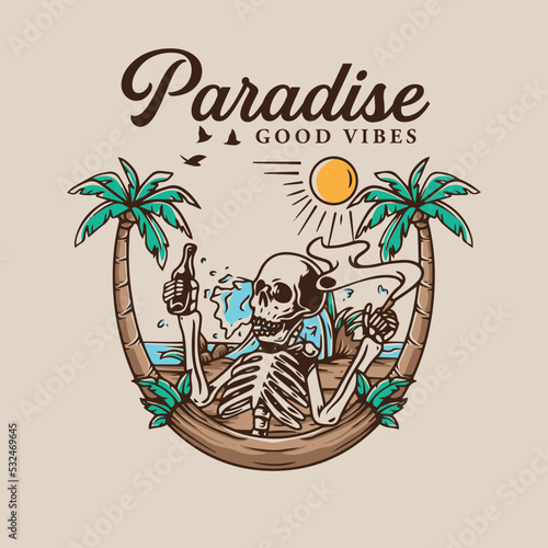 illustration of the beach logo with a smoked and drinking-style human skull.