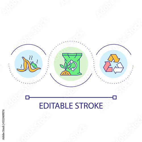 Organic waste recycling loop concept icon. Sustainable industry. Eco friendly manufacture abstract idea thin line illustration. Isolated outline drawing. Editable stroke. Arial font used