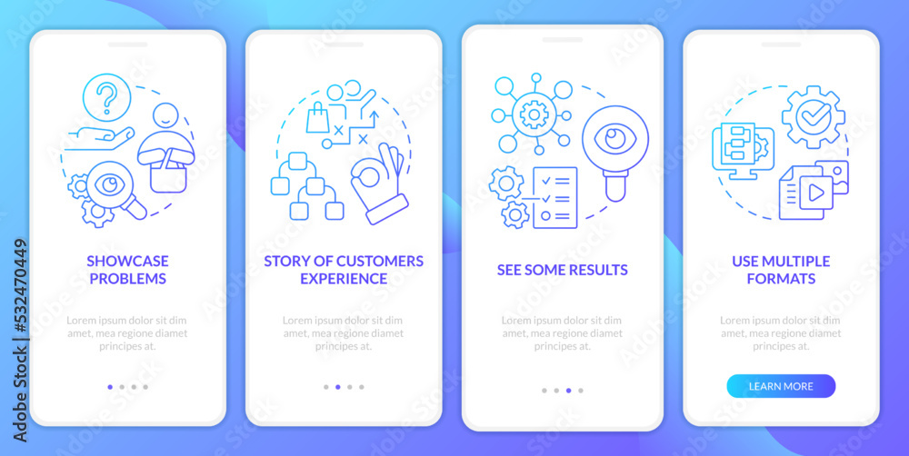Elements of case study blue gradient onboarding mobile app screen. Structure walkthrough 4 steps graphic instructions with linear concepts. UI, UX, GUI template. Myriad Pro-Bold, Regular fonts used