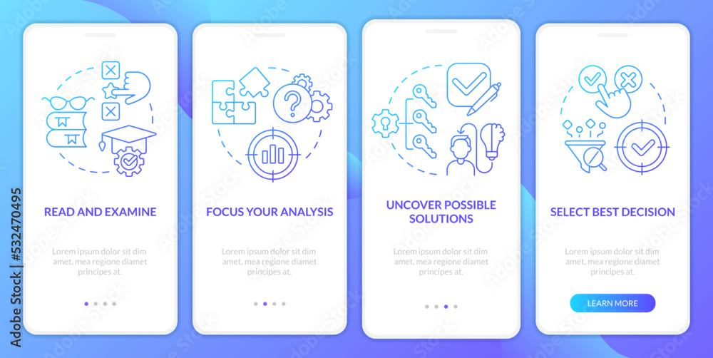 Structure of case study blue gradient onboarding mobile app screen. Research walkthrough 4 steps graphic instructions with linear concepts. UI, UX, GUI template. Myriad Pro-Bold, Regular fonts used