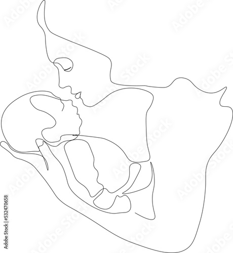 Abstract mother with a child in continuous one line drawing art style. Mother`s Day card. Woman hugging her baby. Happy motherhood concept. Modern illustration