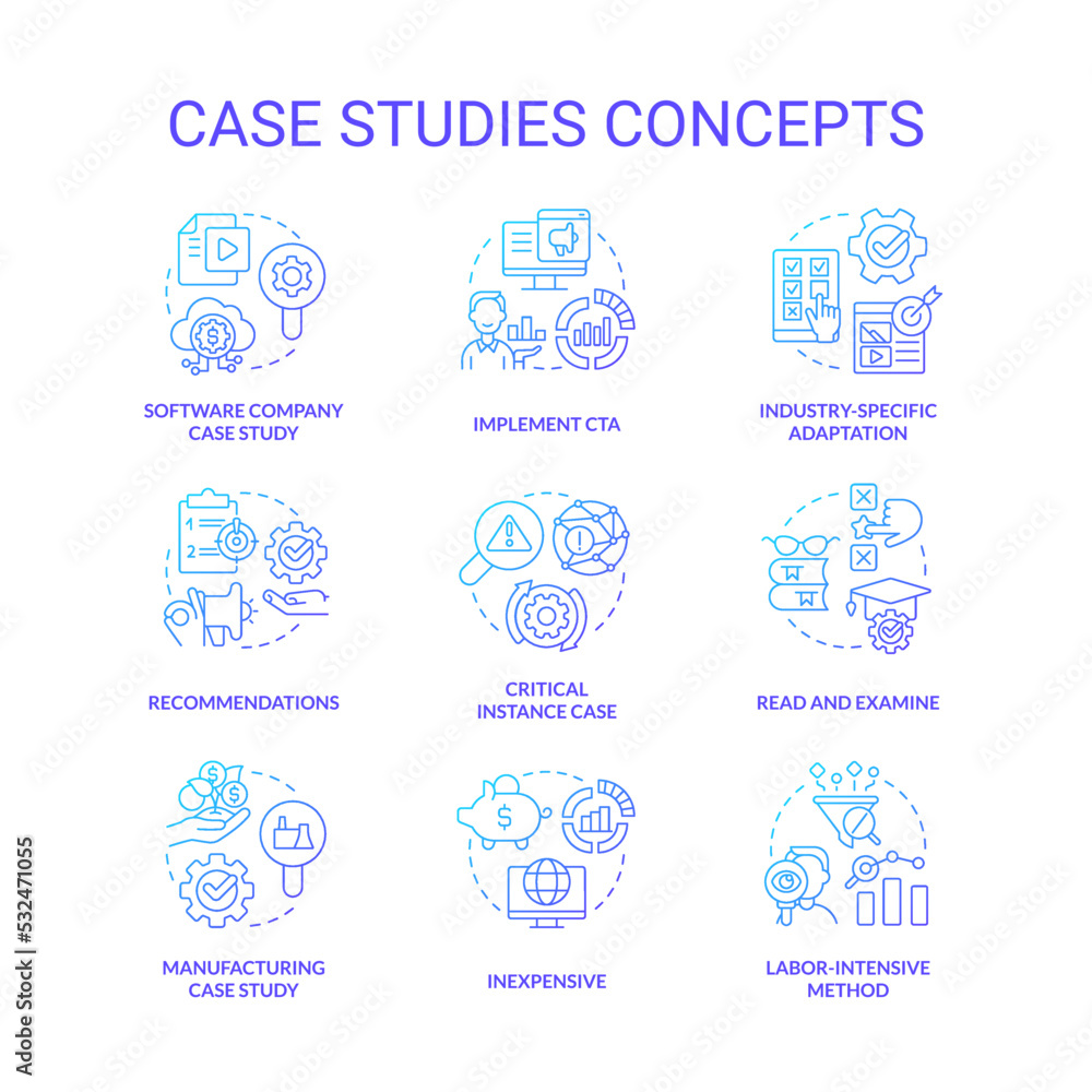 Case studies blue gradient concept icons set. Examination of important events. Researching process idea thin line color illustrations. Isolated symbols. Roboto-Medium, Myriad Pro-Bold fonts used