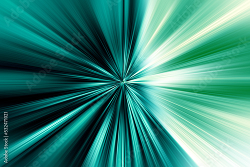 Abstract surface of radial blur zoom in blue, green and turquoise tones. Bright turquoise background with radial, diverging, converging lines. 