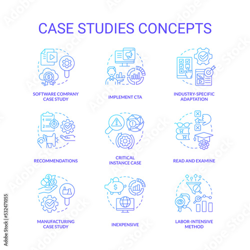 Case studies blue gradient concept icons set. Examination of important events. Researching process idea thin line color illustrations. Isolated symbols. Roboto-Medium, Myriad Pro-Bold fonts used