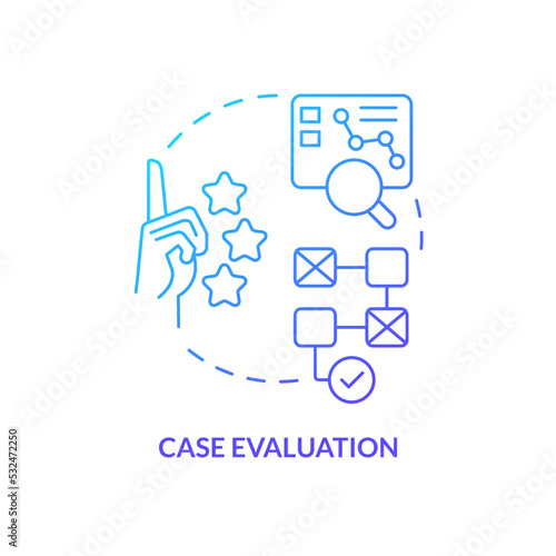 Case evaluation blue gradient concept icon. Analysing common information. Research drafting abstract idea thin line illustration. Isolated outline drawing. Myriad Pro-Bold font used