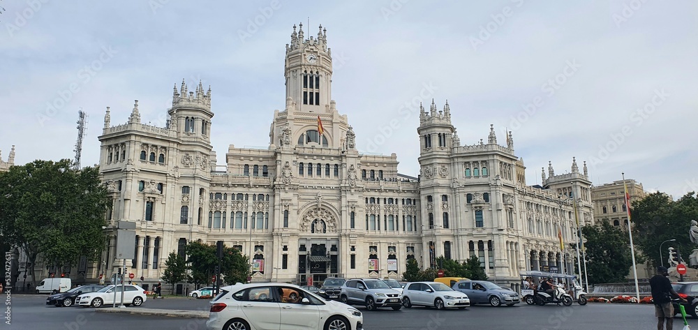 Historic building in Madrid. Beautiful historical building in Spain. Cybele Palace in Madrid. Beautiful architecture from Madrid.