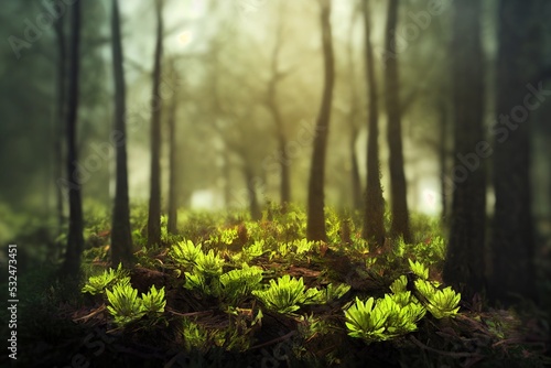 Foto Forest emerging from a smartphone screen. 3D render