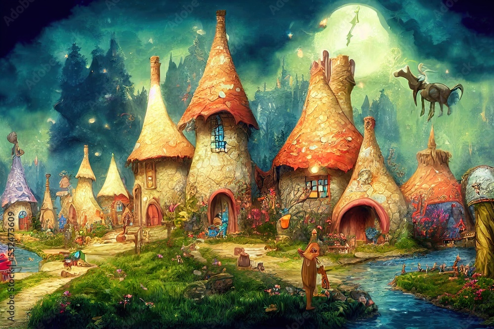 Magic world with fairy tale characters. Cartoon fantasy background