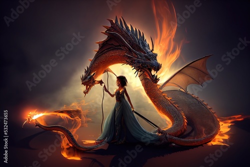 Tela Portrait of the dragon queen holding her staff with her fierce fire breathing dragon at her side