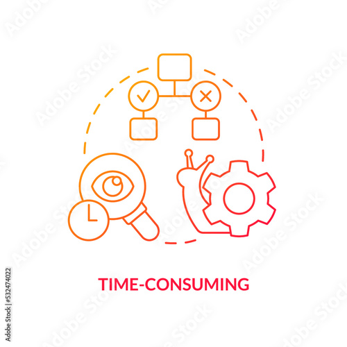 Time consuming red gradient concept icon. Long term research process. Disadvantage of case study abstract idea thin line illustration. Isolated outline drawing. Myriad Pro-Bold font used