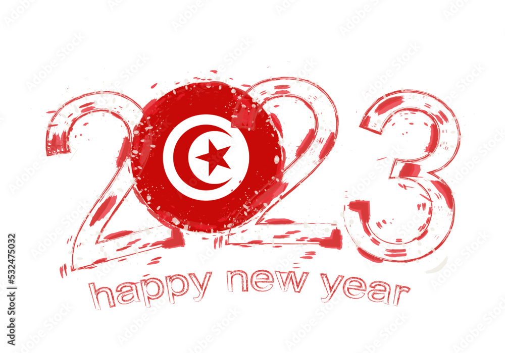 Obraz premium 2023 Year in grunge style with flag of Tunisia.