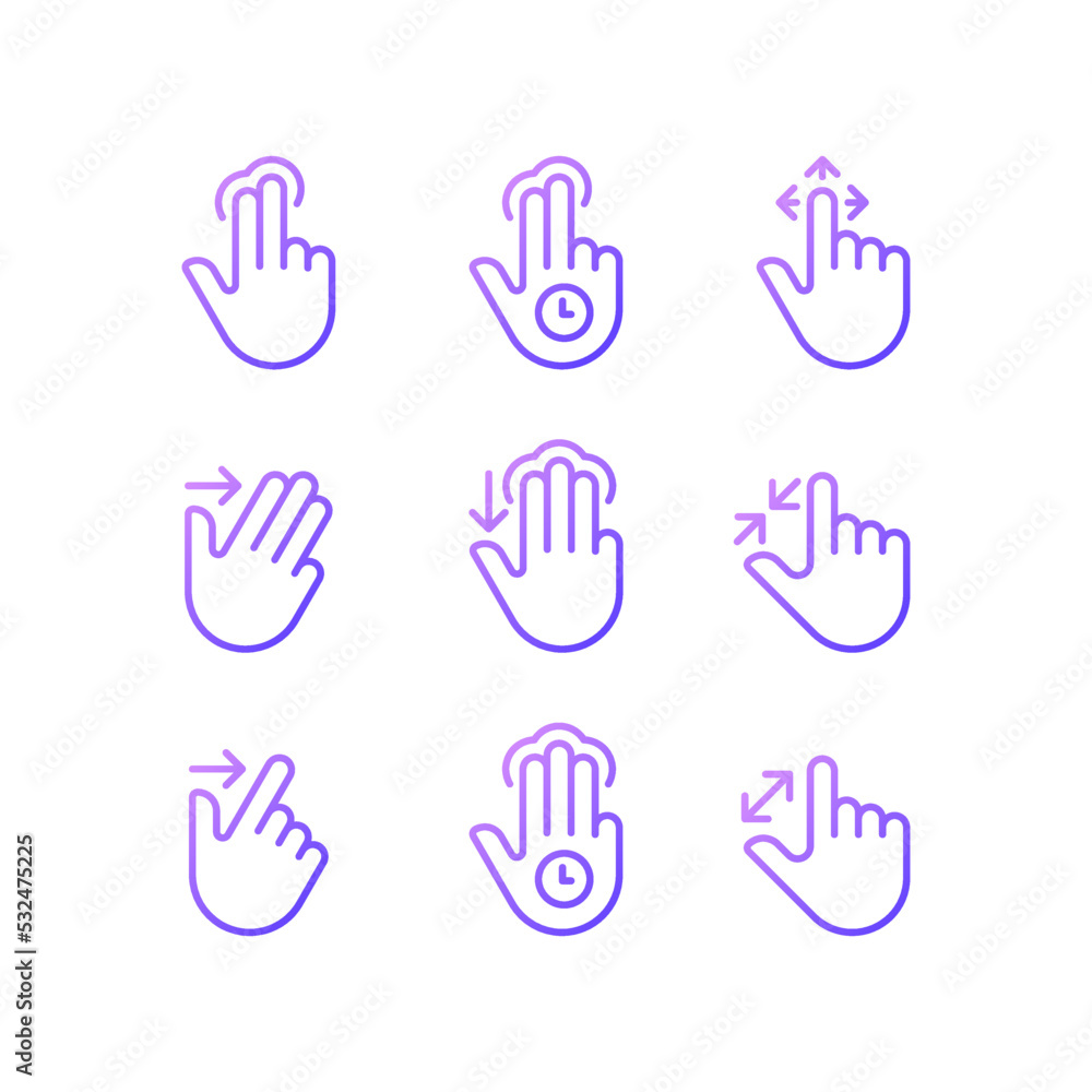 Fototapeta premium Multitouch gestures gradient linear vector icons set. Touchscreen control. Tablet and phone navigation. Thin line contour symbol designs bundle. Isolated outline illustrations collection