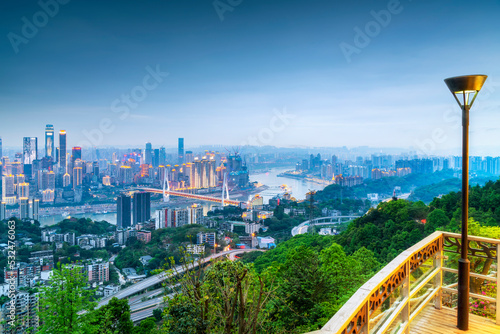 Overlooking the night view of modern buildings in Chongqing Financial Center photo