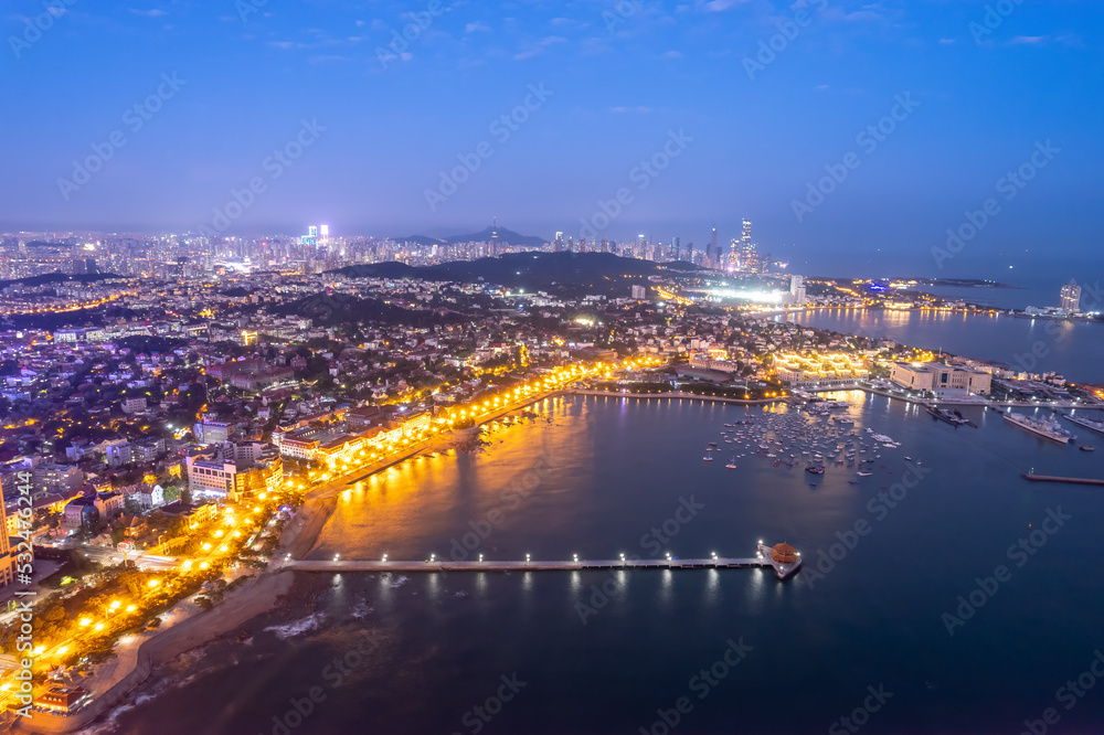 Aerial photography of night scenery of Qingdao bay area