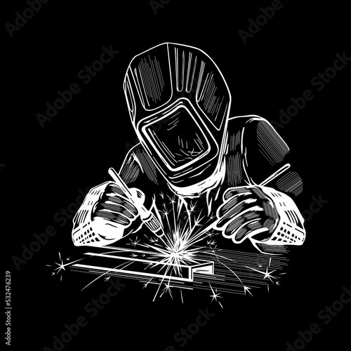 The badge of a welder in protective clothing at work, a welding machine in the hands of an operator performs welding of iron equipment