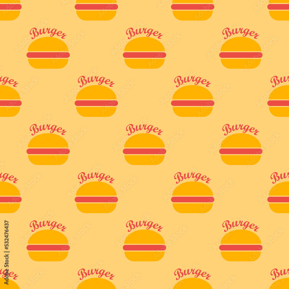 Burger seamless pattern. Burger with lettering in retro color palette. Fast food concept in flat design. Retro design for print on wrapping paper, wallpaper, fabric, packing. Vector illustration Burger seamless pattern. Burger with lettering in retro color palette. Fast food concept in flat design. Retro design for print on wrapping paper, wallpaper, fabric, packing. Vector illustration
