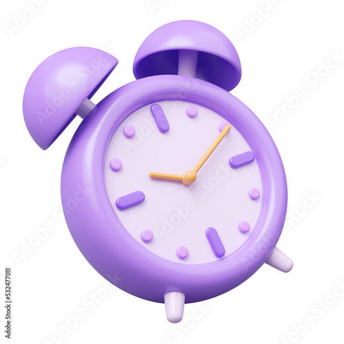 3d Alarm clock icon. Purple vintage clock with twin bell at 10.10 floating isolated on transparent. Time management, time keeping concept. Cartoon icon minimal smooth. 3d rendering.