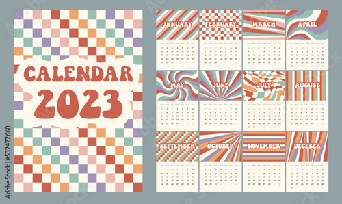 Print template calendar for 2023 in vertical A4, A3 format.12 months and cover. 12 Hippie Groovy curved distorted waves, cage, stripes, rays, checker vector geometric abstract background
