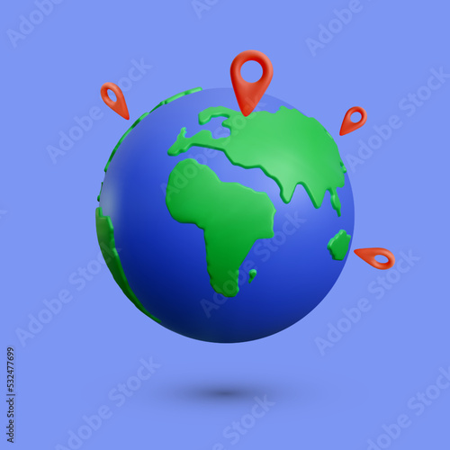 3d realistic red location pointer on global earth. Vector illustration