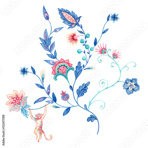 Photography Watercolor floral turkish buta pattern, flowers and  leaves, cute monkey