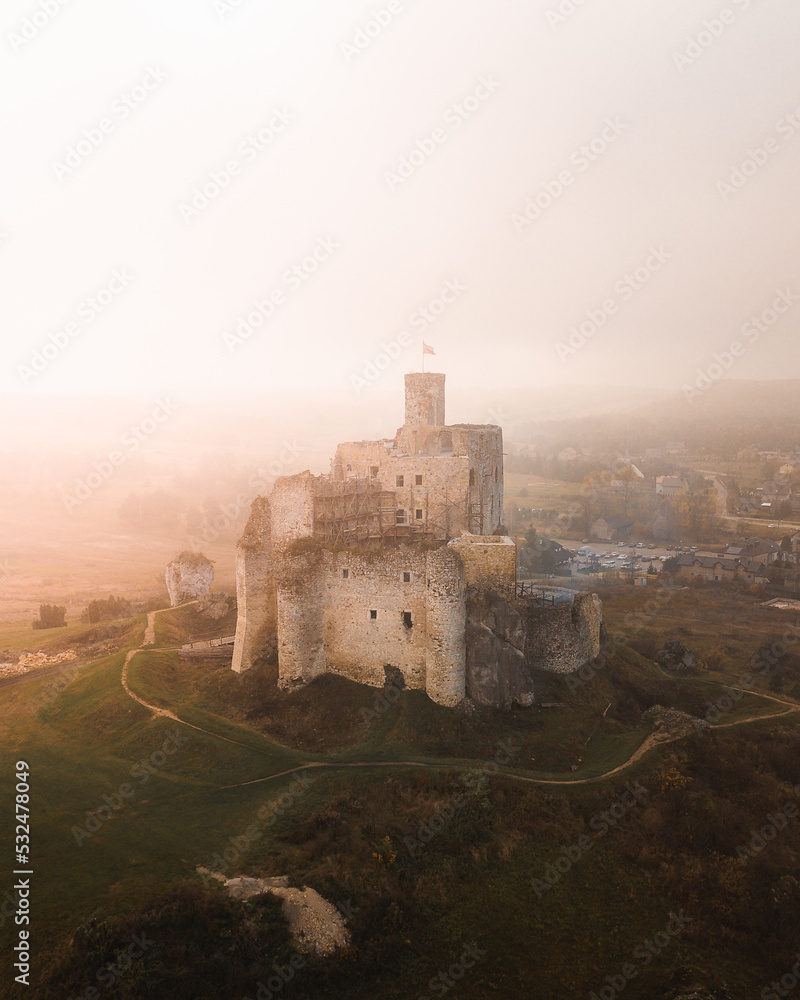 Royal castle of Bobolice and Mirow castle are two very nice place to holiday trip in Poland. Slaskie Wojewodztwo have very nice landscape and nature for photography. Autumn sunsets are best. Aerial.