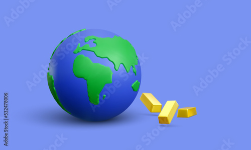 Realistic 3d planet Earth with gold bars on blue background. Vector illustration
