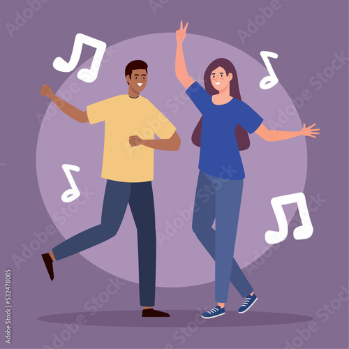 interracial couple dancing and music notes