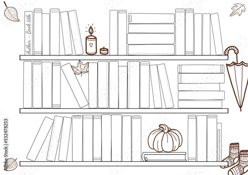 Empty bookshelf with space for to fill read plan of books. A4 print ready  reading planner blank with empty space. Template bullet journal page, daily planner template, blank for notebook.