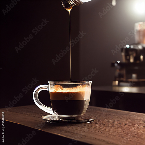 Café Americano coffee. Studio backdrop. Moody lighting. Glossy. Coffee shop. Wooden bar.