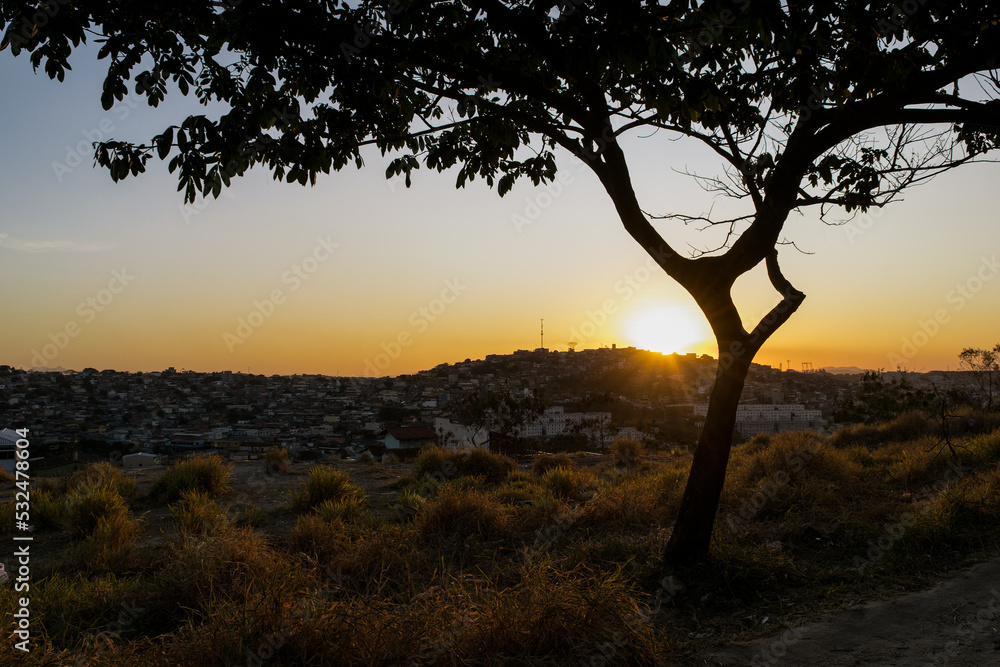 Lindo pôr do sol com silueta de árvore ao entardecer com céu dourado  limpo, em pedreira no bairro Industrial, Contagem, Minas Gerais.