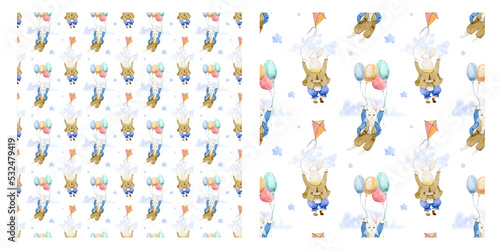 Watercolor Seamless pattern of cute bunnies. Girl and boy, blue and pink festive background. Children's background with animals. Sleeping bunny. Backgrounds for children's party, cards, textiles, clot