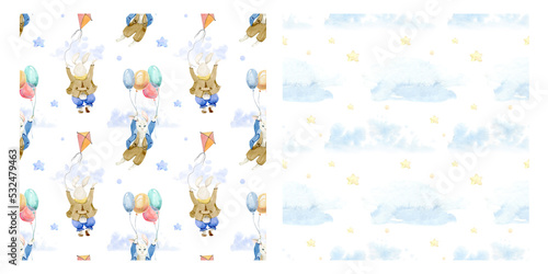 Watercolor Seamless pattern of cute bunnies. Girl and boy, blue and pink festive background. Children's background with animals. Sleeping bunny. Backgrounds for children's party, cards, textiles, clot