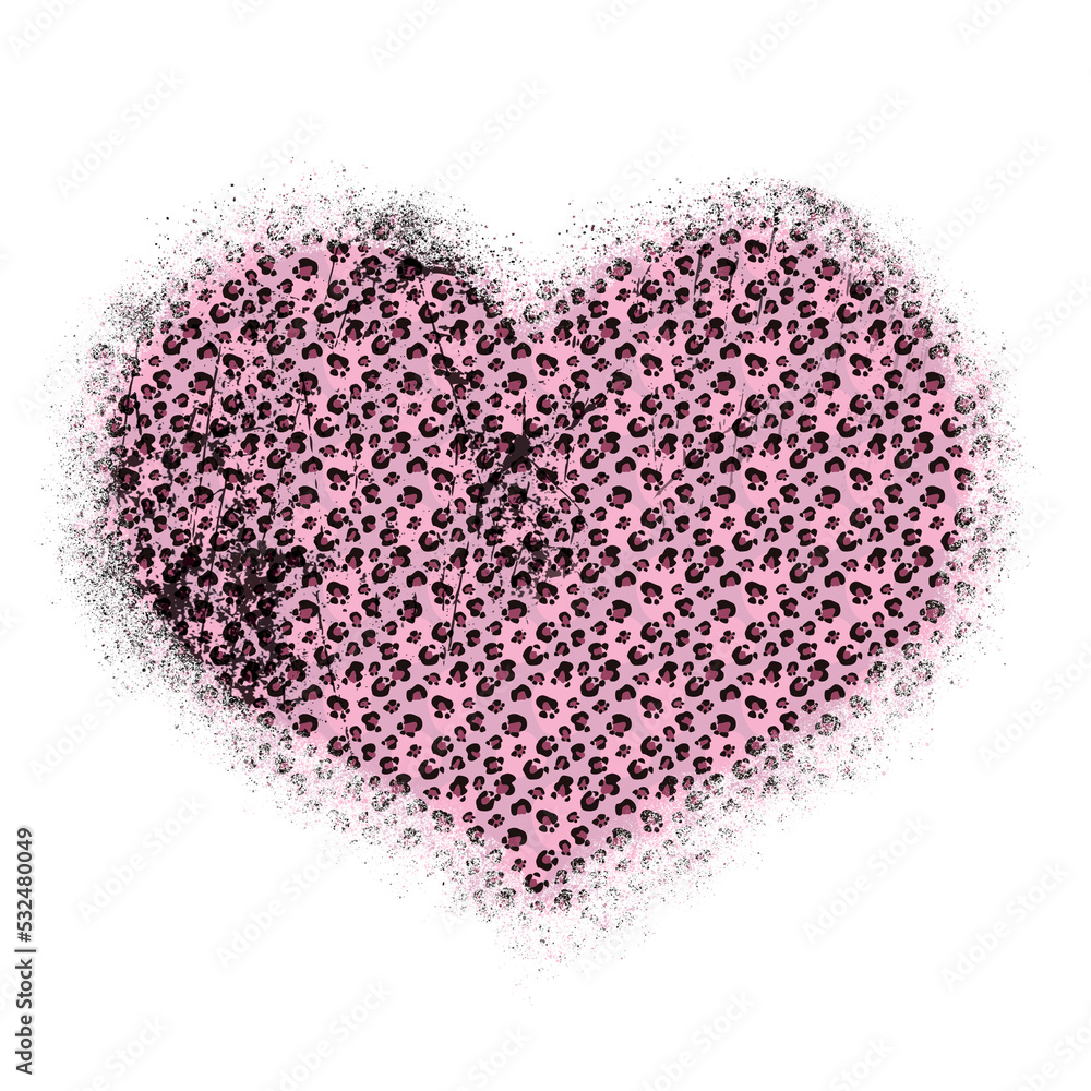 Leopard print pattern hand drawn brush stroke in heart shape . Abstract paint spot with wild animal cheetah skin pattern texture. Pink Glitter PNG Element on transparent background