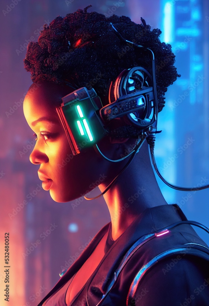 A fictional portrait of a ebony girl wearing a cyberpunk headset and ...