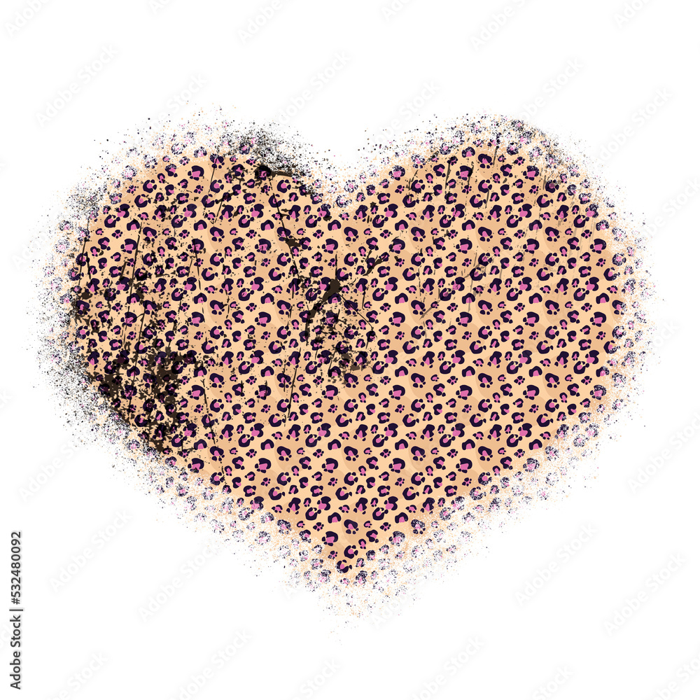 Leopard print pattern hand drawn brush stroke in heart shape . Abstract paint spot with wild animal cheetah skin pattern texture. Copper PNG Element on transparent background
