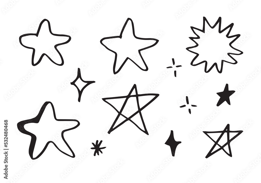 Hand drawn stars set. Star doodles collection on white background. Hand drawn stars set. Star doodles collection on white background.