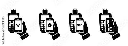 POS Payment Processing Silhouette Icon. Approved Cashless Transaction NFC Technology Pay Process Glyph Pictogram. Smartphone, Credit Card Payment on Terminal Icon Set. Isolated Vector Illustration