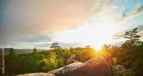 4k time lapse, Carpathian mountains landscape at sunset, stone rocks of Dovbush
