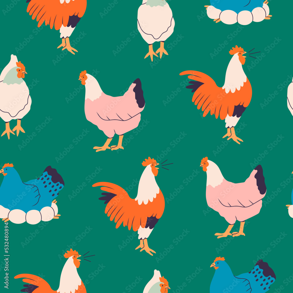 Domestic Chicken set. Different hens, rooster, eggs in nest. Various