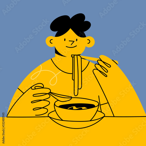 Portrait of young happy person eating a ramen bowl or noodle soup. Cute abstract character. Dinner, tasty meal, fast food concept. Cartoon style. Hand drawn trendy Vector isolated illustration